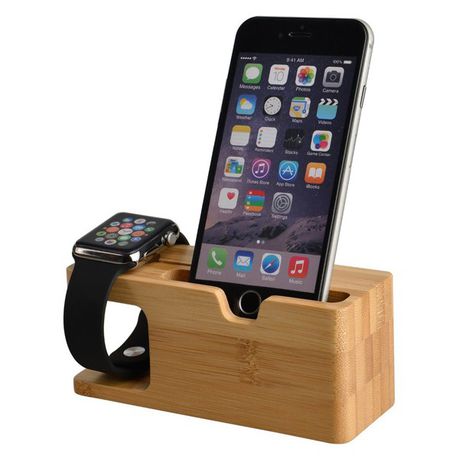 2 In 1 Bamboo Charging Dock Station For iWatch Iphone - Natural Wood