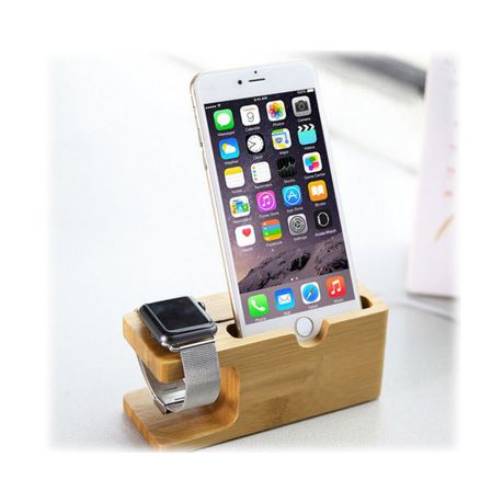2 In 1 Bamboo Charging Dock Station For iWatch Iphone - Natural Wood