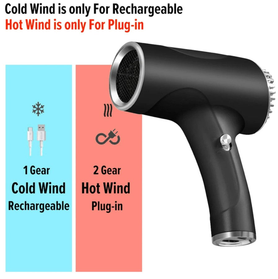 2600mAh Cordless Anion Blow Dryer Portable Hair Dryer 40/500W USB Rechargeable with 2 Gears - Black
