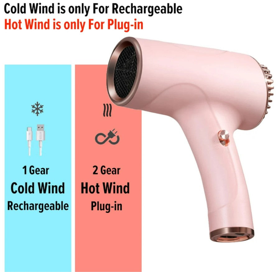 2600mAh Cordless Anion Blow Dryer Portable Hair Dryer 40/500W USB Rechargeable with 2 Gears - Pink