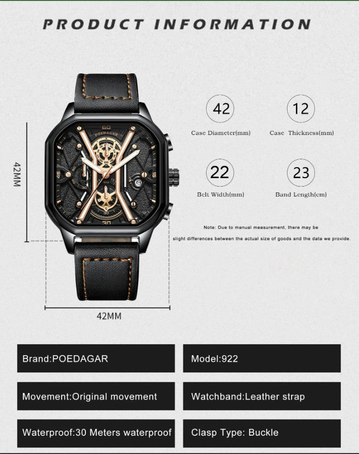 POEDAGAR Luxury Wristwatches Chronograph Leather Quartz Men's Watches - Black Gold