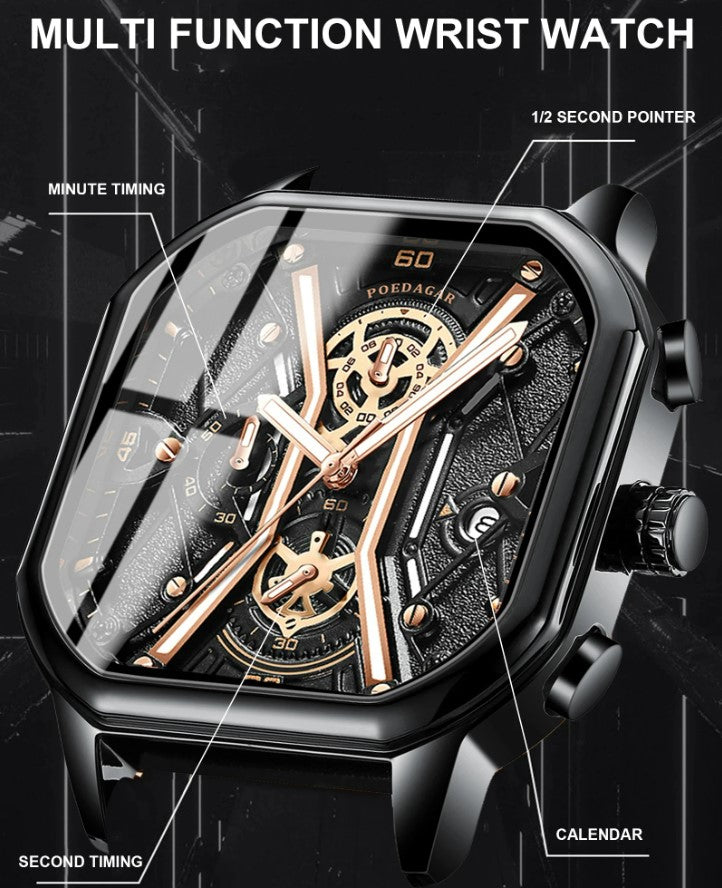 POEDAGAR Luxury Wristwatches Chronograph Leather Quartz Men's Watches - Black Gold