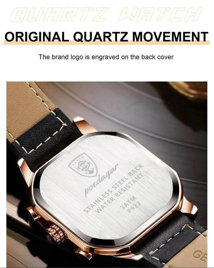 POEDAGAR Luxury Wristwatches Chronograph Leather Quartz Men's Watches - Black Gold