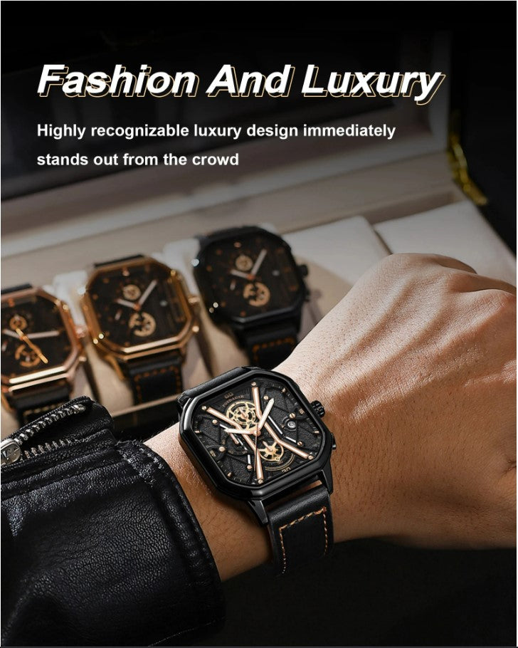 POEDAGAR Luxury Wristwatches Chronograph Leather Quartz Men's Watches - Silver Black