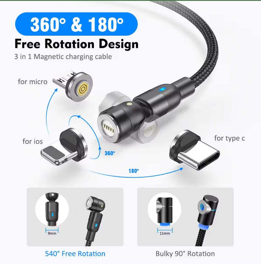 540° Rotatable 3 in 1 Magnetic Fast Charging Cable (For All Devices)
